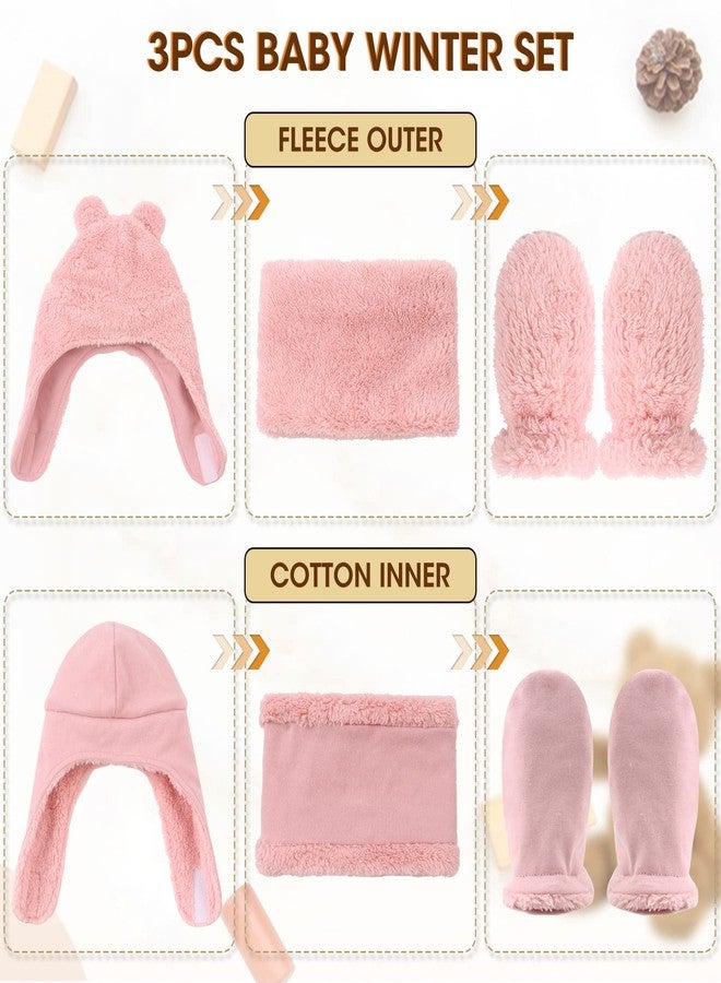 Peecabe Fleece Baby Hat Scarf Mitten Set Winter Toddler Beanie Warm Mittens Infant Scarves Ears Earflap Hats for Baby Boys Girls (Pink, M) - Image 2